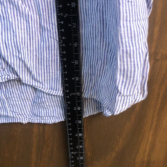 Talbots Womens Blouse White Blue Stripe Popover V Neck Roll Tab 100% Linen L - Picture 7 of 11
